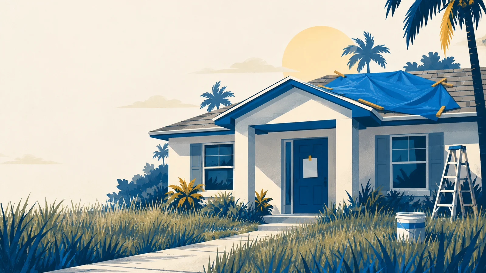 Illustration: a Florida house with a tarp on the roof and repair tools in the yard