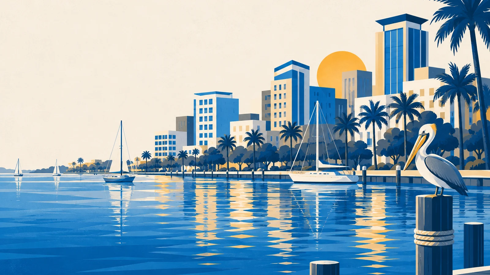 Illustration: a stylized St. Petersburg-style bayfront with a marina and palms