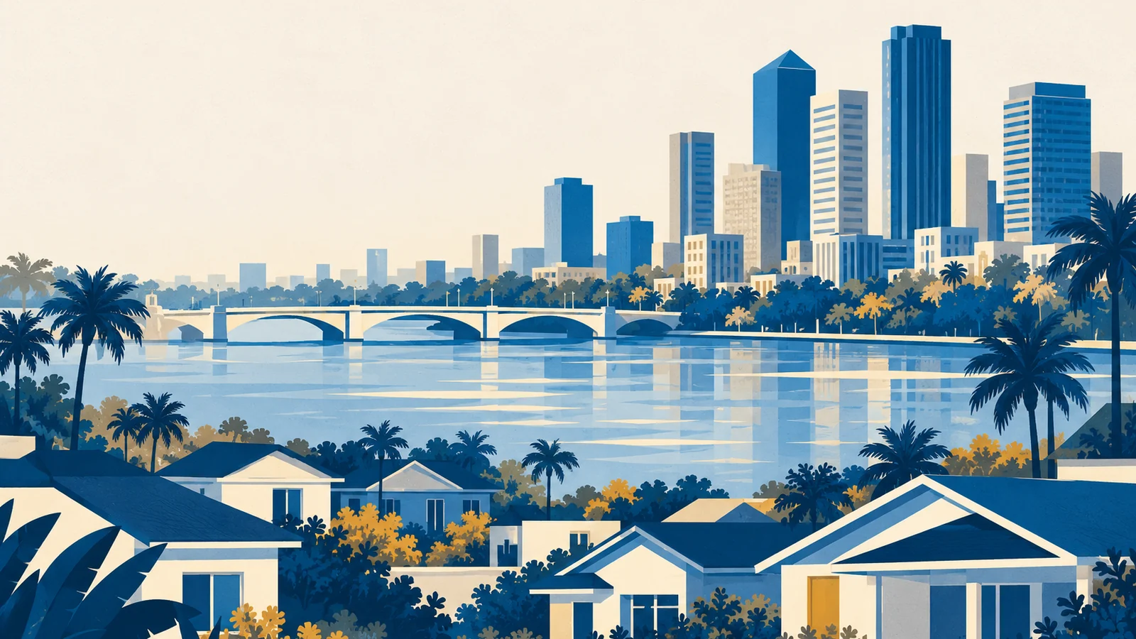 Illustration: a stylized Tampa-style river, bridge and bungalow neighborhood